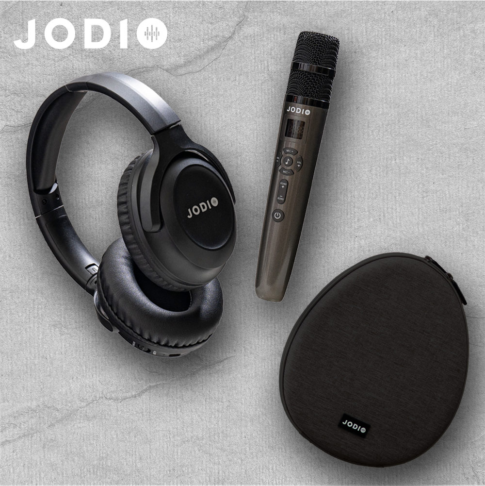 JODIO 藍芽行動KTV耳機豪華組 (酷黑)+專用時尚收納包 (灰黑)