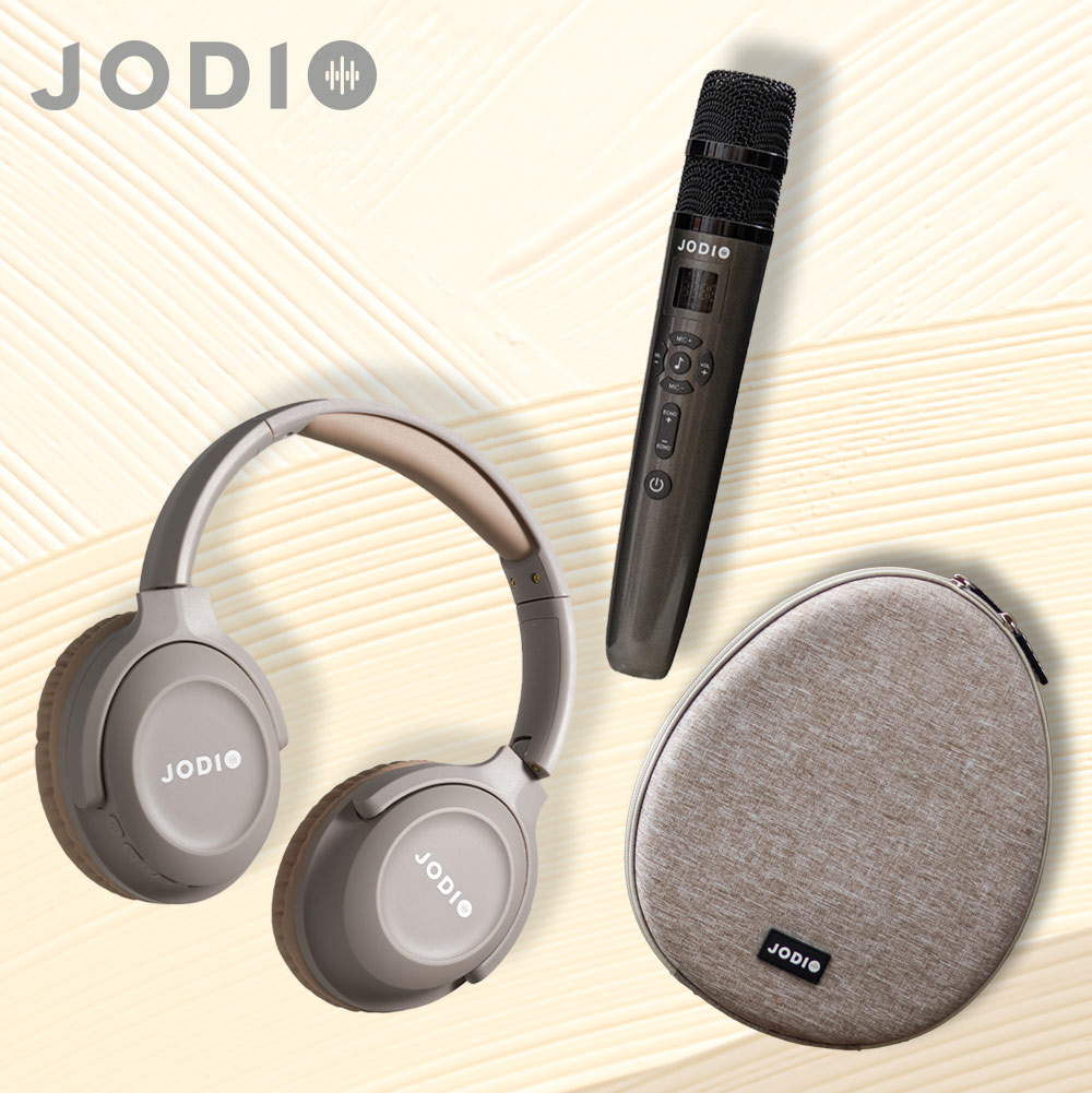 JODIO 藍芽行動KTV耳機豪華組 (奶茶色)+專用時尚收納包 (奶茶色)