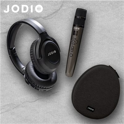 JODIO 藍芽行動KTV耳機豪華組 (酷黑)+專用時尚收納包 (灰黑)